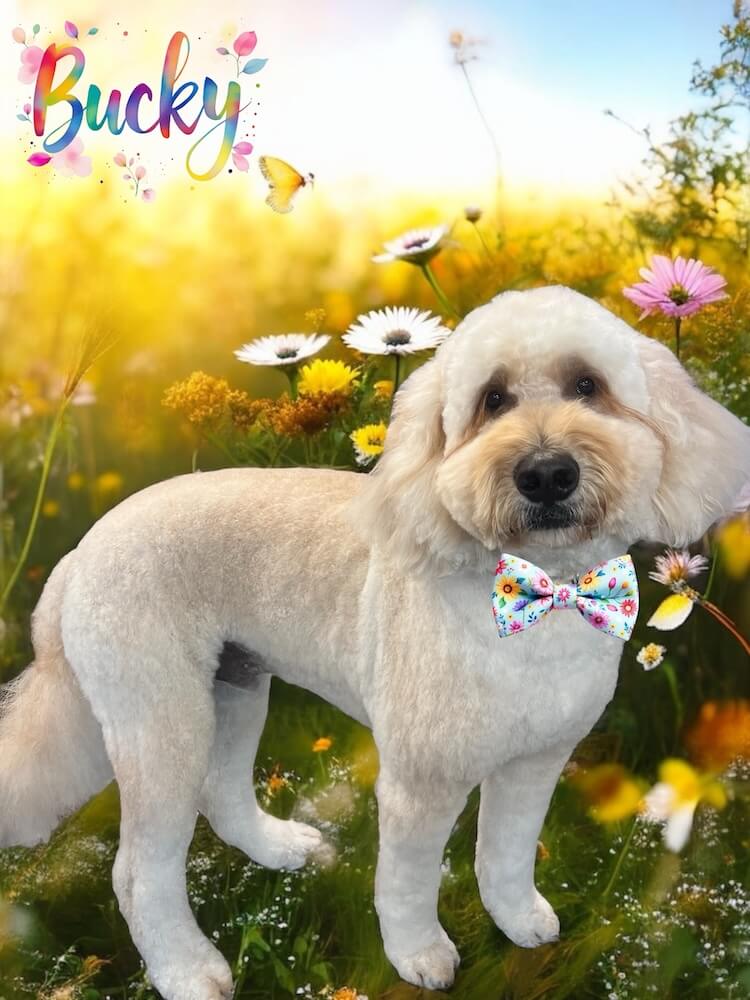 well-groomed dog in front of a field of flowers