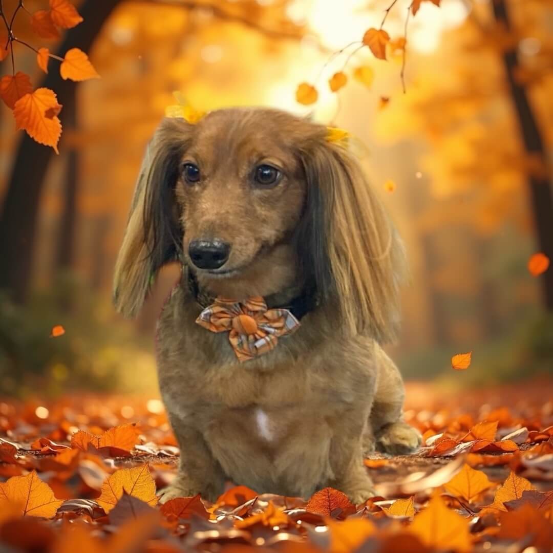 portrait of a small brown dog in an autumn setting