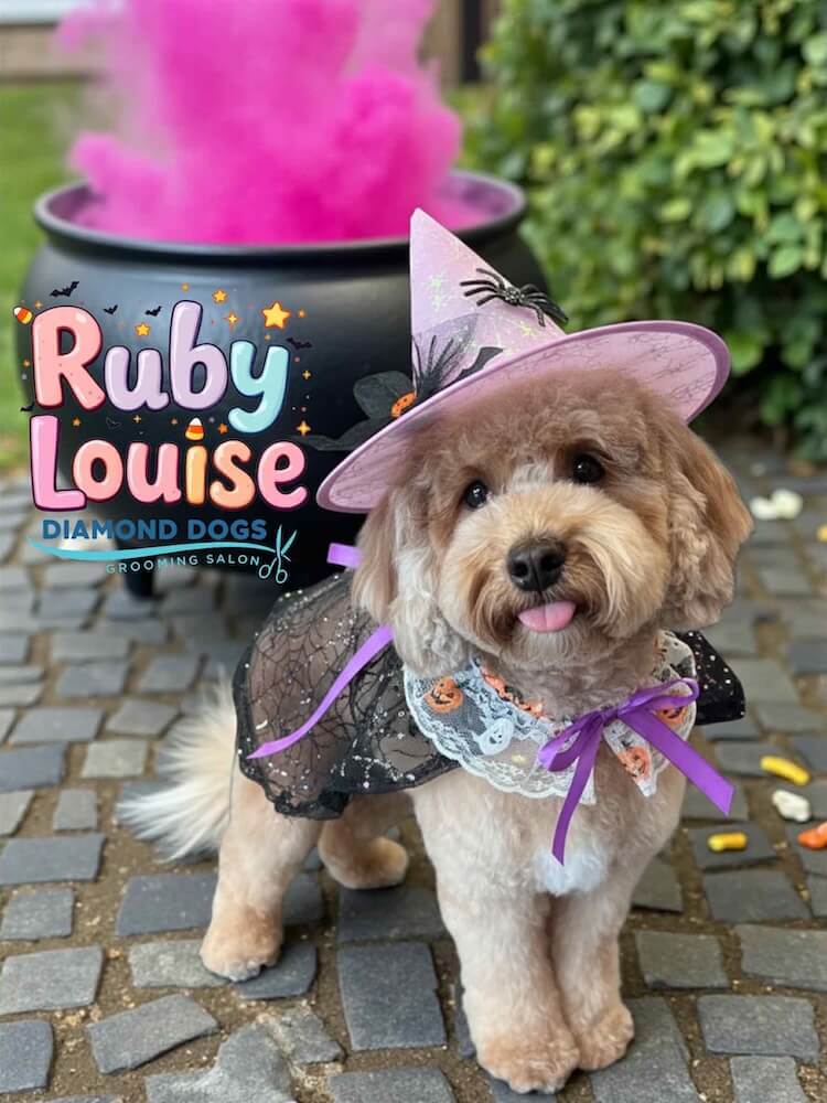 small fluffy dog wearing a witch outfit